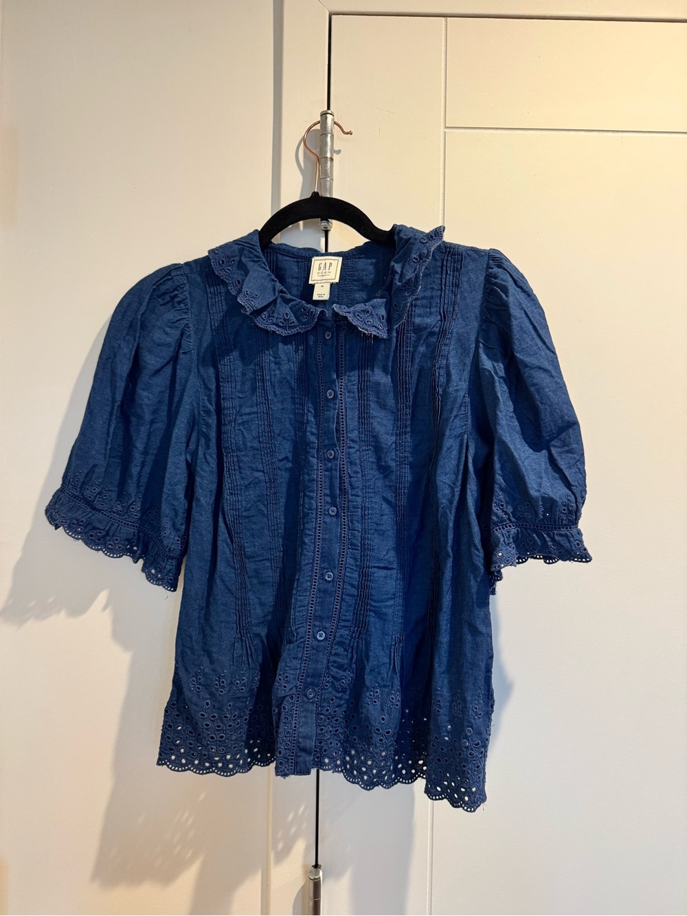 GAP x Doen Navy Eyelet Cotton Blouse with Ruffle Collar